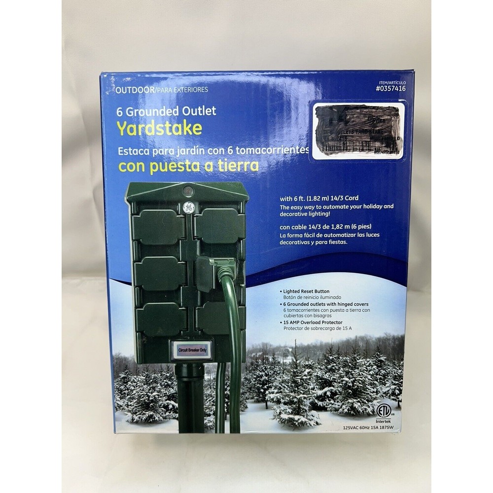 Genuine GE‎ Green 6-Outlet Outdoor Grounded Yard Stake W/6’ Cord & Slide Covers